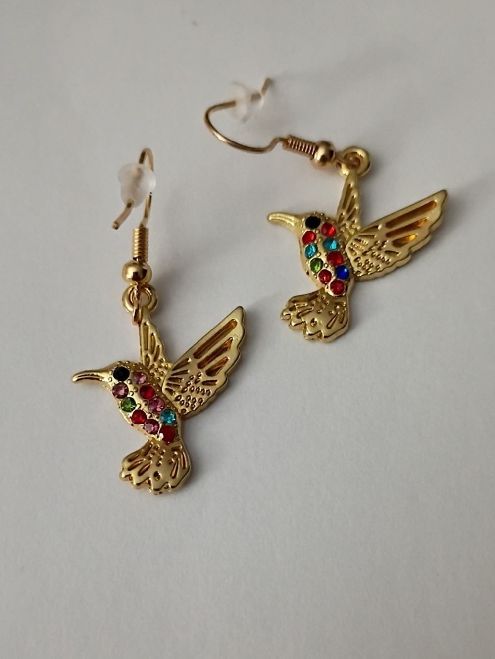 Gold Hummingbird Drop Earrings with Multicolor Crystal Accents